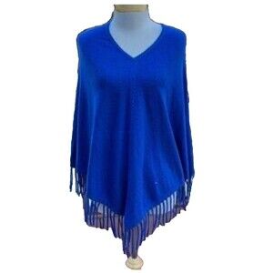 Roller Rabbit Royal Blue Cashmere Poncho Scarf Shawl XS/S Fringe Merino Classic